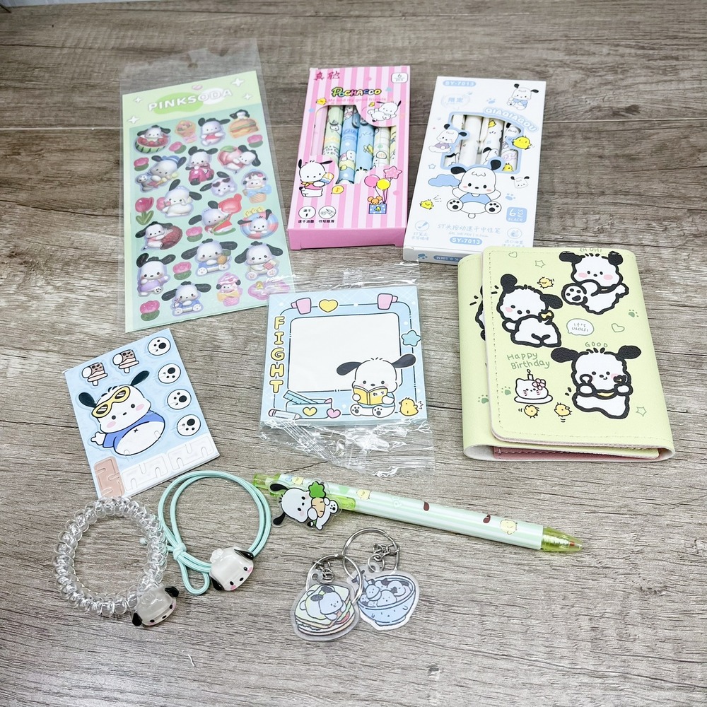 Sanrio Pochacco Stationery Accessory Bundle Wallet Pens Stickers Keychains Set
